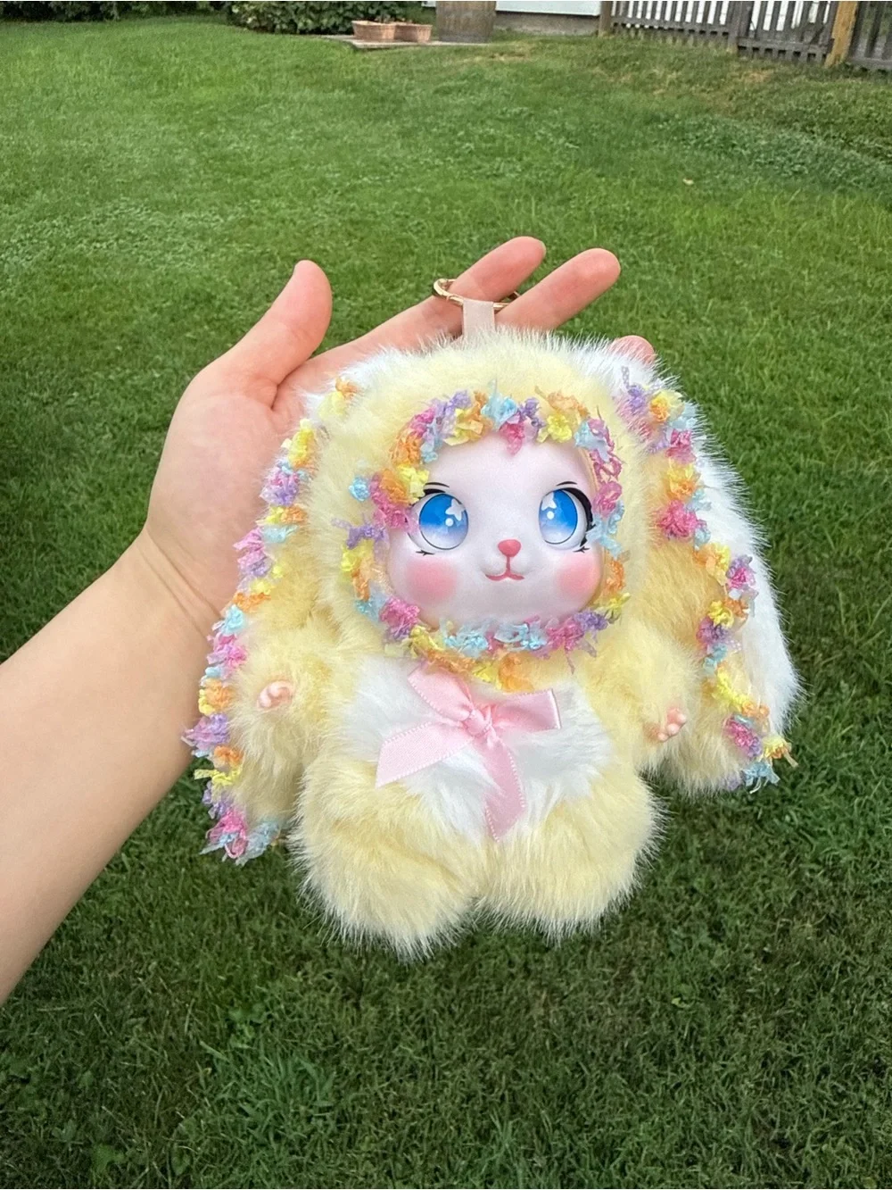Cute Yellow Bunny Plush Keychain Baby Three with Pink Bow and trim-Gift for Kids